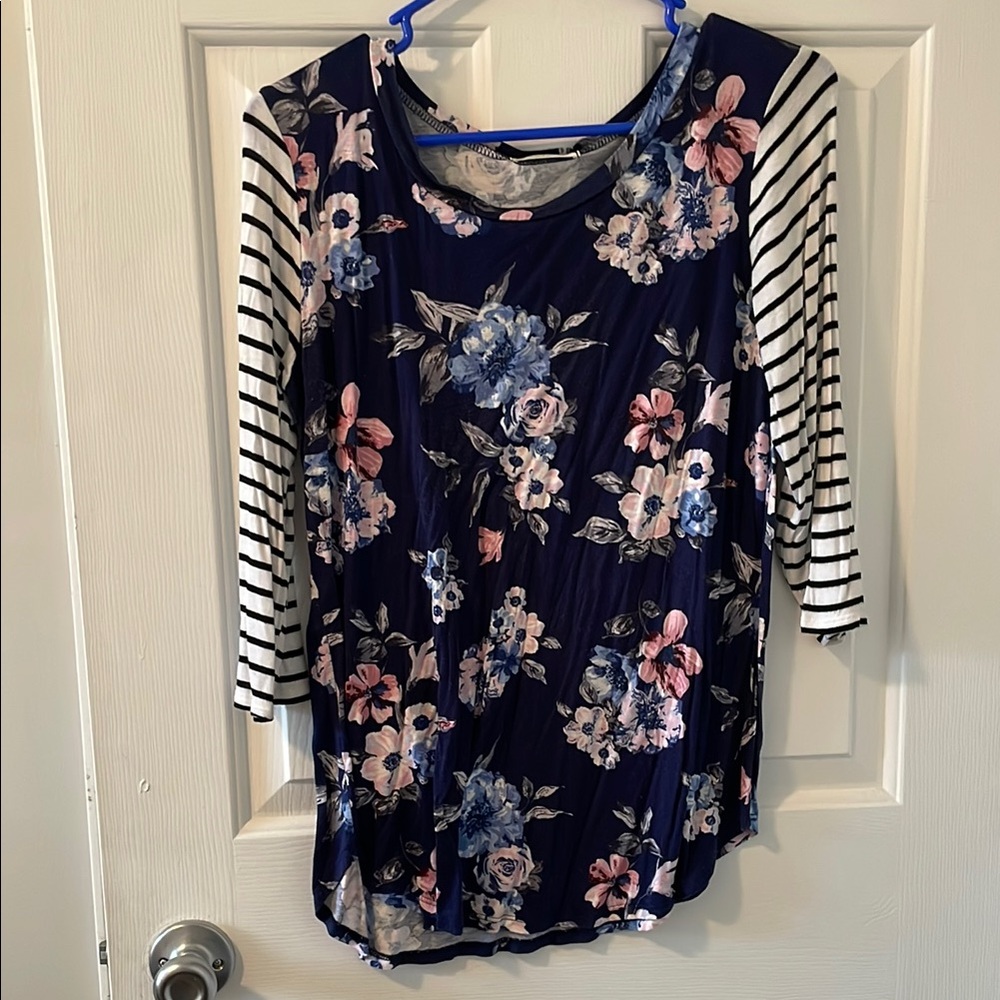 Twenty Blue and Pink Graphic Blouse with 3/4 Sleeves